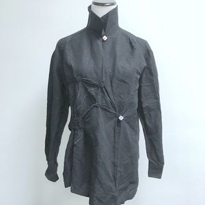 HARARI black linen embroidered band collar button linen top M button up shirt